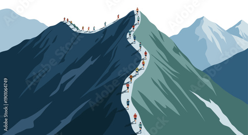 Illustrated image showing a group of people running on a mountain trail towards the peak, symbolizing challenge, teamwork, success and leadership. For use in marketing, business, sports.