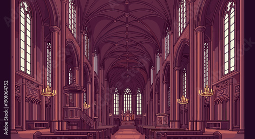 Gothic cathedral interior in pixel art style with stained glass windows and high arches