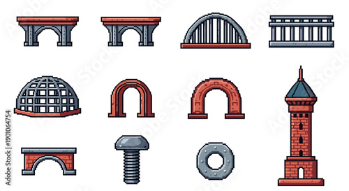Pixel art architectural elements set with arches and columns