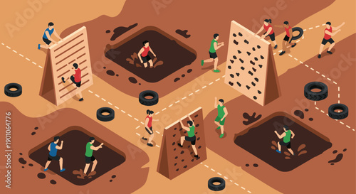 Isometric illustration of people participating in an obstacle course race. Includes mud pits, tire obstacles, and climbing walls. Great for teamwork, challenge, and fitness.