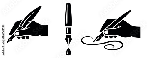 Silhouette writing instruments set featuring hands holding quill and fountain pens, an ink drop, and a calligraphic flourish for design projects