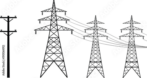 High voltage electricity transmission towers and power lines illustration showing energy infrastructure, electrical grid system, utility poles, and industrial power distribution on white background