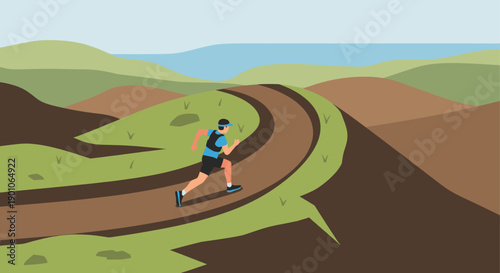 Stylized vector illustration of a man trail running on a dirt path winding through green hills. Ideal for health, fitness, sports, and outdoor adventure themes.