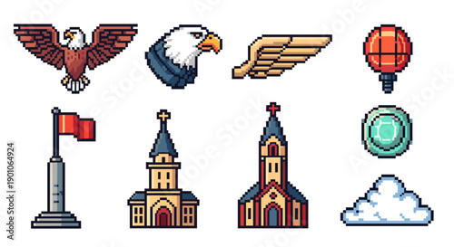 Pixel art icons: eagles, air balloon, churches, and more