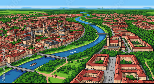 Detailed isometric cityscape of a river in a vibrant urban landscape