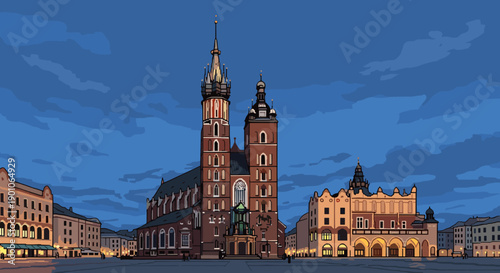 Nighttime architectural scene featuring historic central european square and majestic buildings