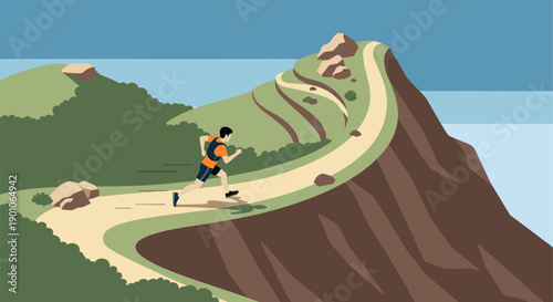Vector illustration of a man trail running up a winding mountain path. Suitable for health, fitness, outdoor activity, and adventure themes.