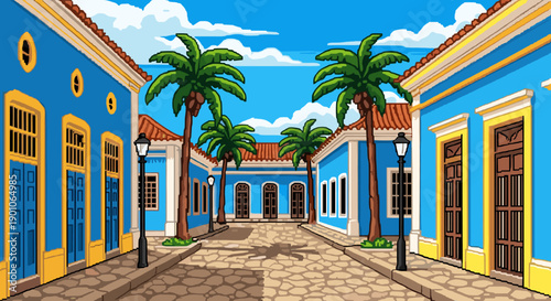 Charming pixel art street with colorful houses and palm trees in a sunny day scene