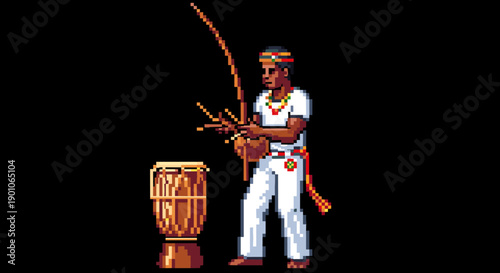 Pixel art capoeira fighter with berimbau and drum on black background