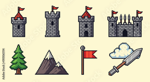 Retro pixel art of castles and adventure icons: medieval fantasy theme