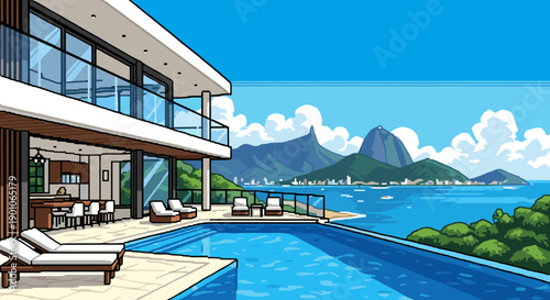 Luxurious modern beachfront villa with infinity pool and scenic ocean view in pixel art style