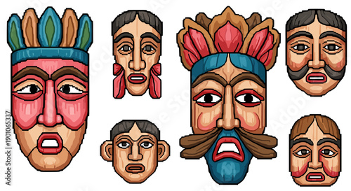 Colorful pixel art masks with cultural and tribal elements