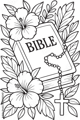 Sacred Floral: The revered Bible rests amongst a bed of blossoming hibiscus flowers, and a Rosary, all rendered in a striking outline.
