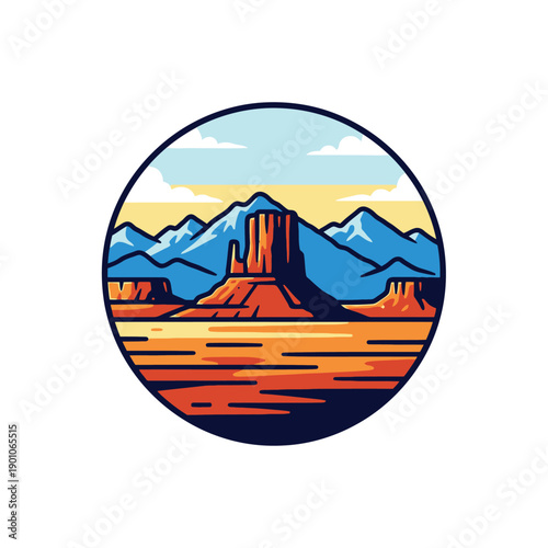 Vibrant desert landscape with iconic rock formation and majestic mountains at sunset within a circular frame