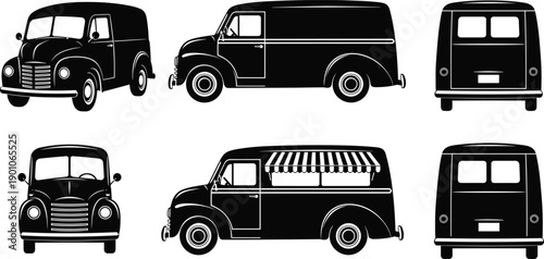 Vintage delivery van silhouette collection showing multiple views, classic retro commercial vehicle icons, black vector illustration set isolated on white for 