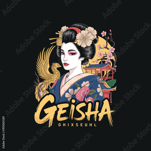 Beautiful geisha portrait with cherry blossoms and phoenix emblem, Japanese cultural illustration