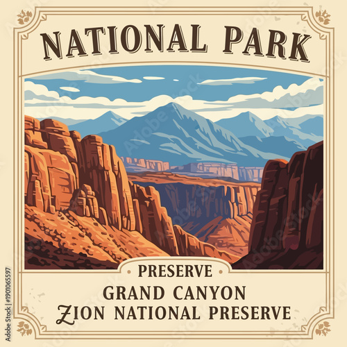 Vintage travel poster of grand canyon and zion national preserves with mountains