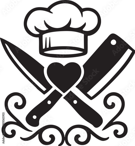 Culinary Craftsmanship: A symbolic illustration showcasing crossed chef's knives, a toque, and a heart, representing passion and skill in the culinary arts.