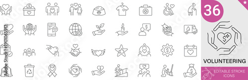 Volunteering Icons Set. Includes Helping Hands, Heart, Donation Box, Community, Support, Care, Charity, and Teamwork. 36 Professional Line Icons with Editable Stroke. Perfect for NGO projects.