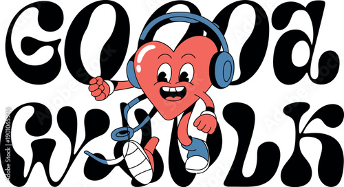 Animated heart character wearing headphones, dancing with wavy text 'good vibes'