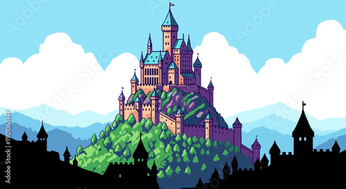 Vintage pixel art castle on hilltop with tower silhouettes and blue sky