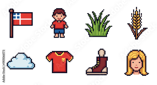 Pixel art icons: diverse collection of nature, fashion, and symbols