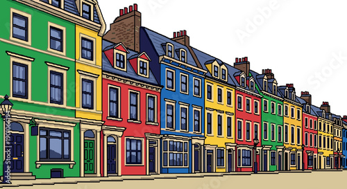 Vibrant urban street with colorful row houses in retro style