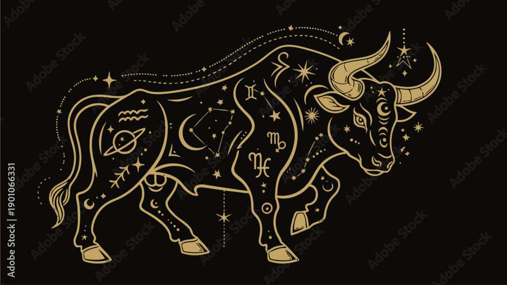 Fototapeta premium Golden Taurus Zodiac Sign with Astrological Symbols