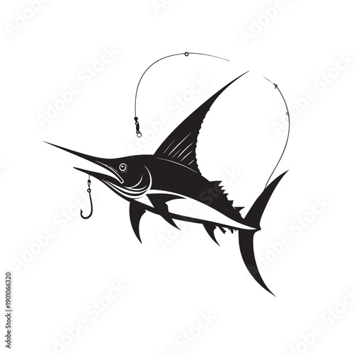 Black and white illustration of a marlin fish with a fishing hook