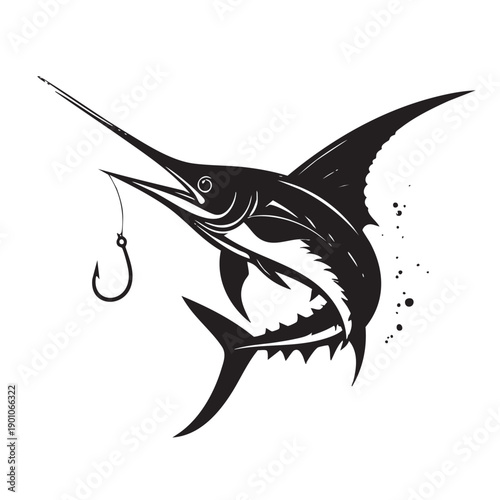 A black and white illustration of a marlin fish caught on a fishing hook with a dynamic pose and sharp details