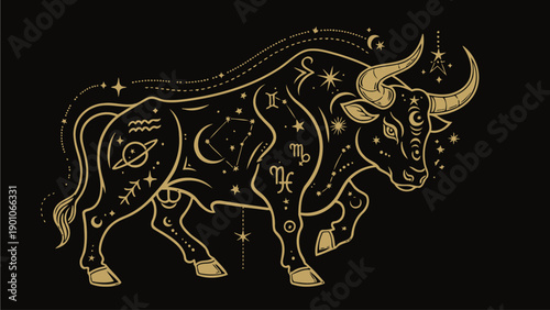 Golden Taurus Zodiac Sign with Astrological Symbols