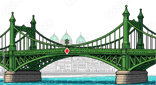 Retro pixel art of a green suspension bridge with historical architecture in background