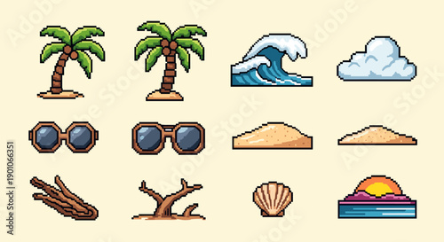 Retro pixel beach set with palm trees, waves, and sunset elements for vintage summer designs