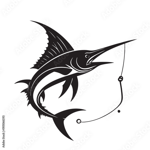 Black and white marlin fish jumping out of water with fishing hook