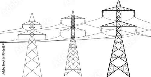 High voltage electricity transmission towers with overhead power lines, detailed vector line art illustration, industrial energy infrastructure concept on clean white background