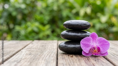 Serene spa stones and orchid on wooden table in nature