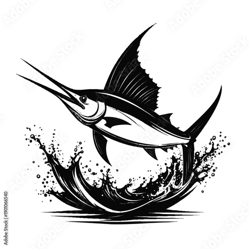 Black and white sailfish jumping out of water with fins and bill extended
