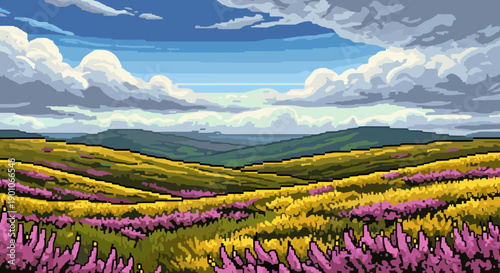 Pixel art vibrant landscape with purple heather and rolling hills under dramatic sky