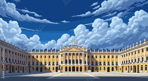 Majestic neoclassical palace with dramatic clouds in pixel art style