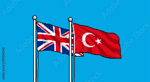 Retro pixel art of united kingdom and turkey flags on poles