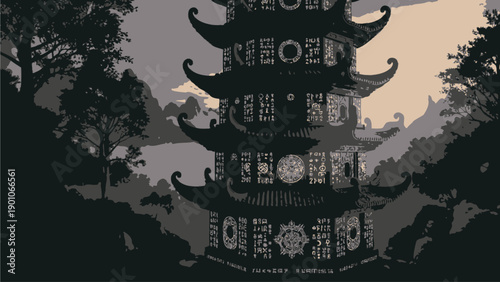 Mysterious Pagoda Silhouette at Sunset