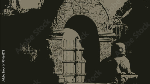 Mysterious Ancient Statue in a Dark Archway