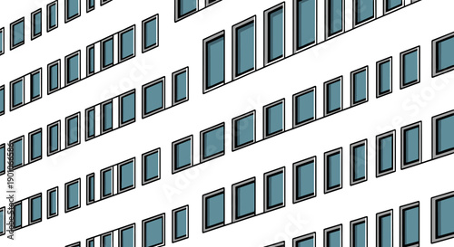 Geometric modern building facade with repetitive pattern of blue windows in isometric style