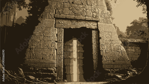 Ancient Mayan Temple Entrance with Intricate Carvings