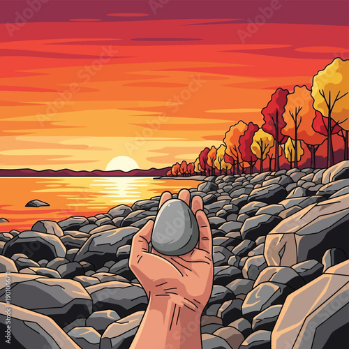 Autumnal beach, hand holding stone, sunset landscape, rocky shoreline