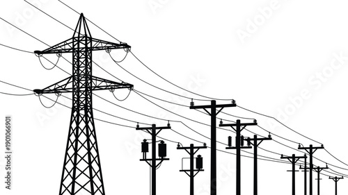 High voltage power transmission lines and electricity distribution poles with pylons, showing modern energy infrastructure, electrical grid network, and utility systems isolated on white background