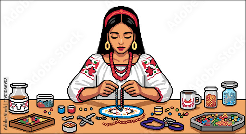Woman crafting jewelry with beads in traditional attire