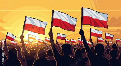 Pixel art of people holding flags at sunrise celebration