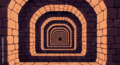 Endless pixel art tunnel with vintage brick archways and geometric patterns