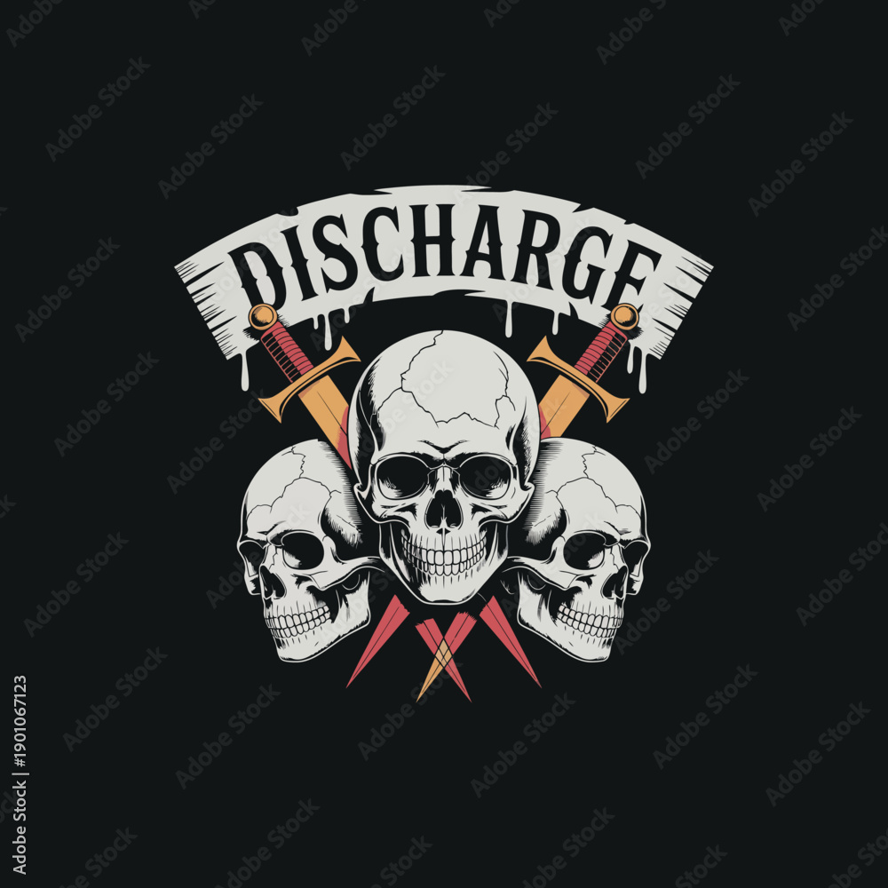 Fototapeta premium Discharge - three skulls with daggers and banner - vintage gothic illustration